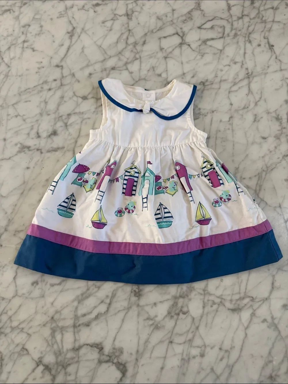 Gymboree Sz 3-6 Mo Hippo White Nautical Print Dress With Bloomers Blue Trim